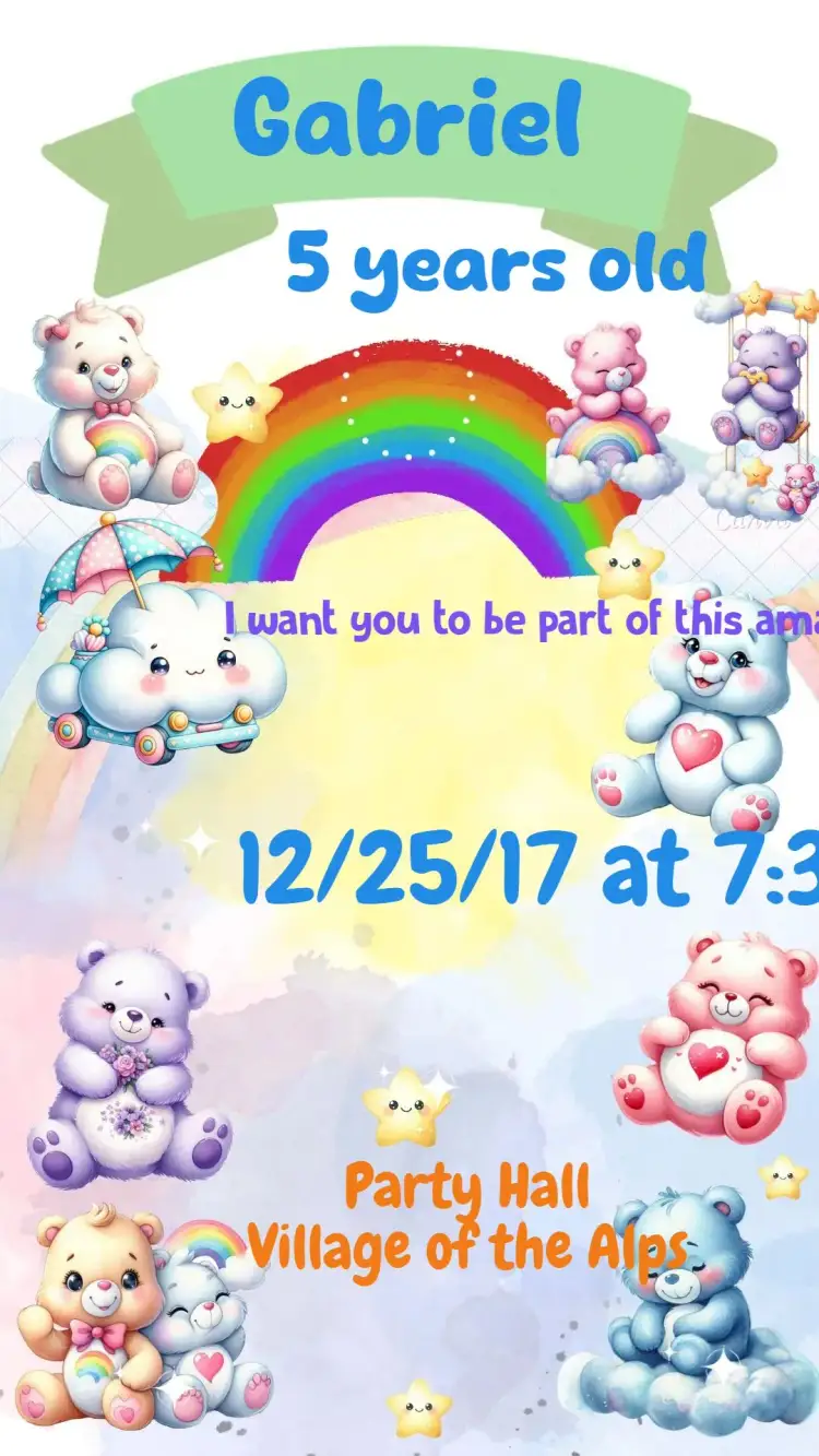 Invitation Care Bears – Kids' Birthday Party theme soft colors, cute illustrations, playful style, animal theme, cheerful design, childlike aesthetic