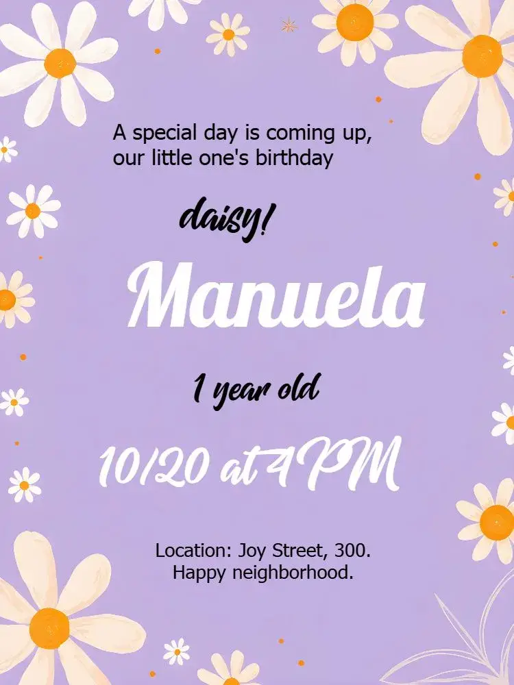 Lilac Daisy Garden Girl invitation