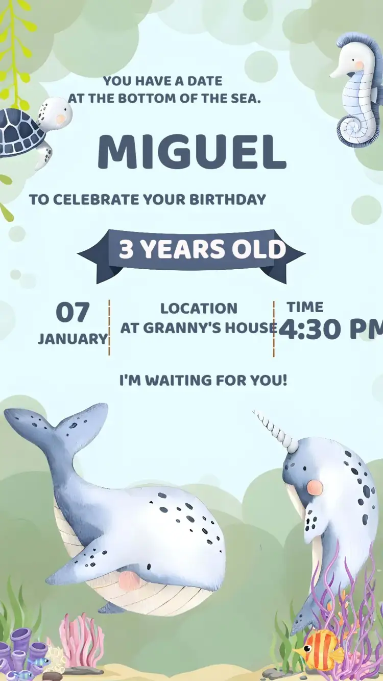Invitation Underwater Watercolor Little Fish – Kids' Birthday Party theme watercolor, navy blue, colorful, fun-filled, childlike, tropical