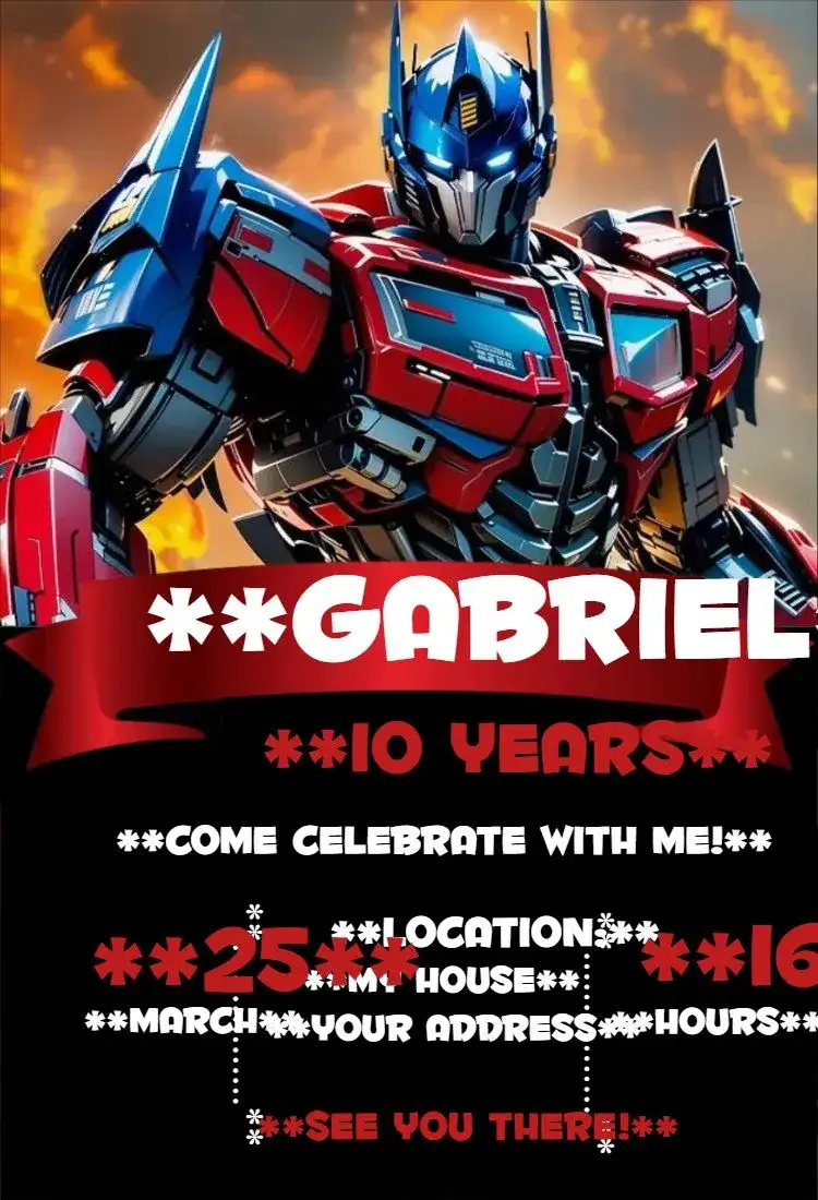 Invitation Optimus Prime 1 – Kids' Birthday Party theme colorful, themed, dynamic, modern, childish