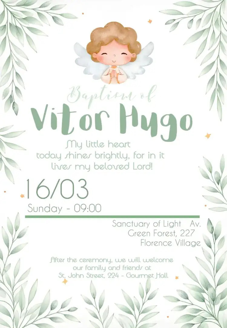 Invitation Angel Baptism Church – First Communion theme green and white, little angels, minimalist, Catholic, childlike illustrations, modern design