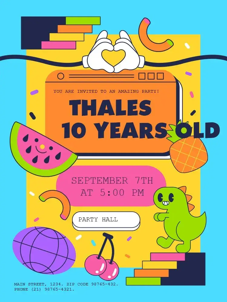 Invitation Colorful 10 Years Celebration – Kids' Birthday Party theme colorful, fun, cartoonish, playful, festive