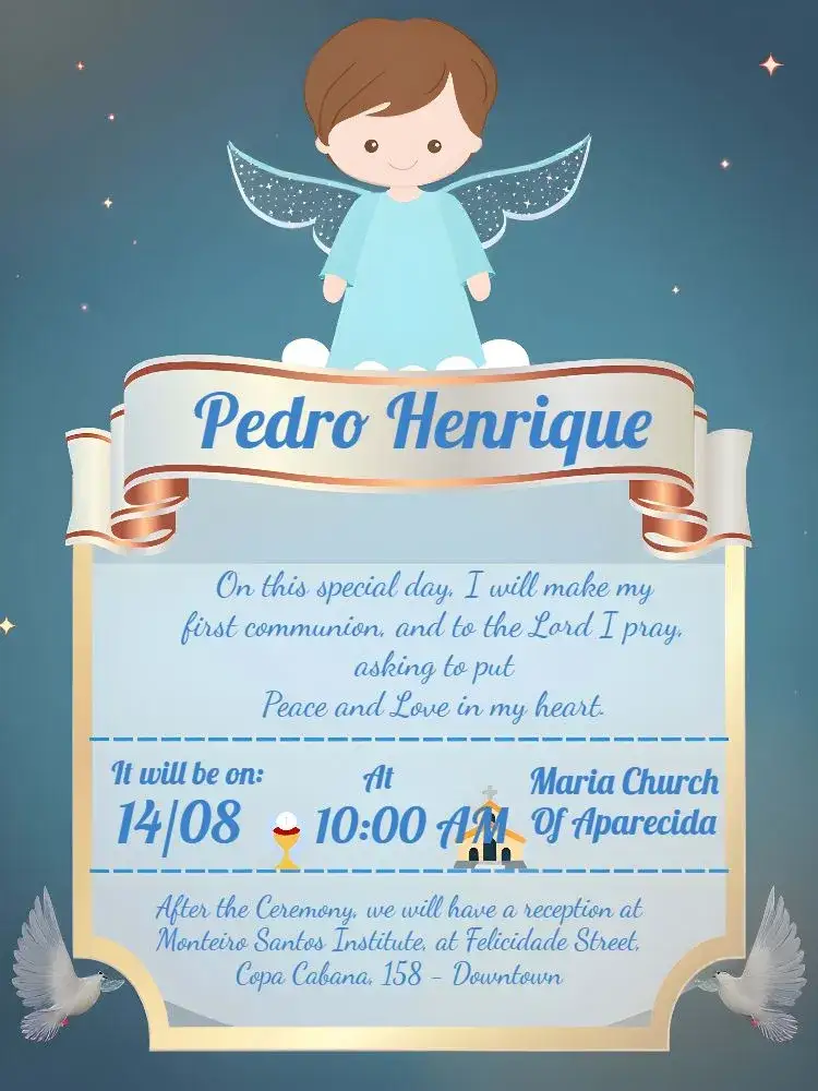 Invitation First Blue Communion – First Communion theme blue, white, golden, elegant, delicate, religious