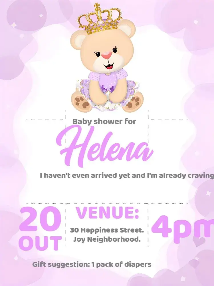 Invitation Princess Purple Teddy Bear Baby Shower – Diaper Shower theme lilac, white, purple, cute, princess, teddy bear