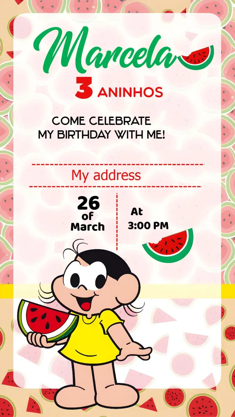 Invitation Magali Melancia – Most searched for theme colorful, fun, childish, illustrations from Monica's Gang, fruits, cheerful