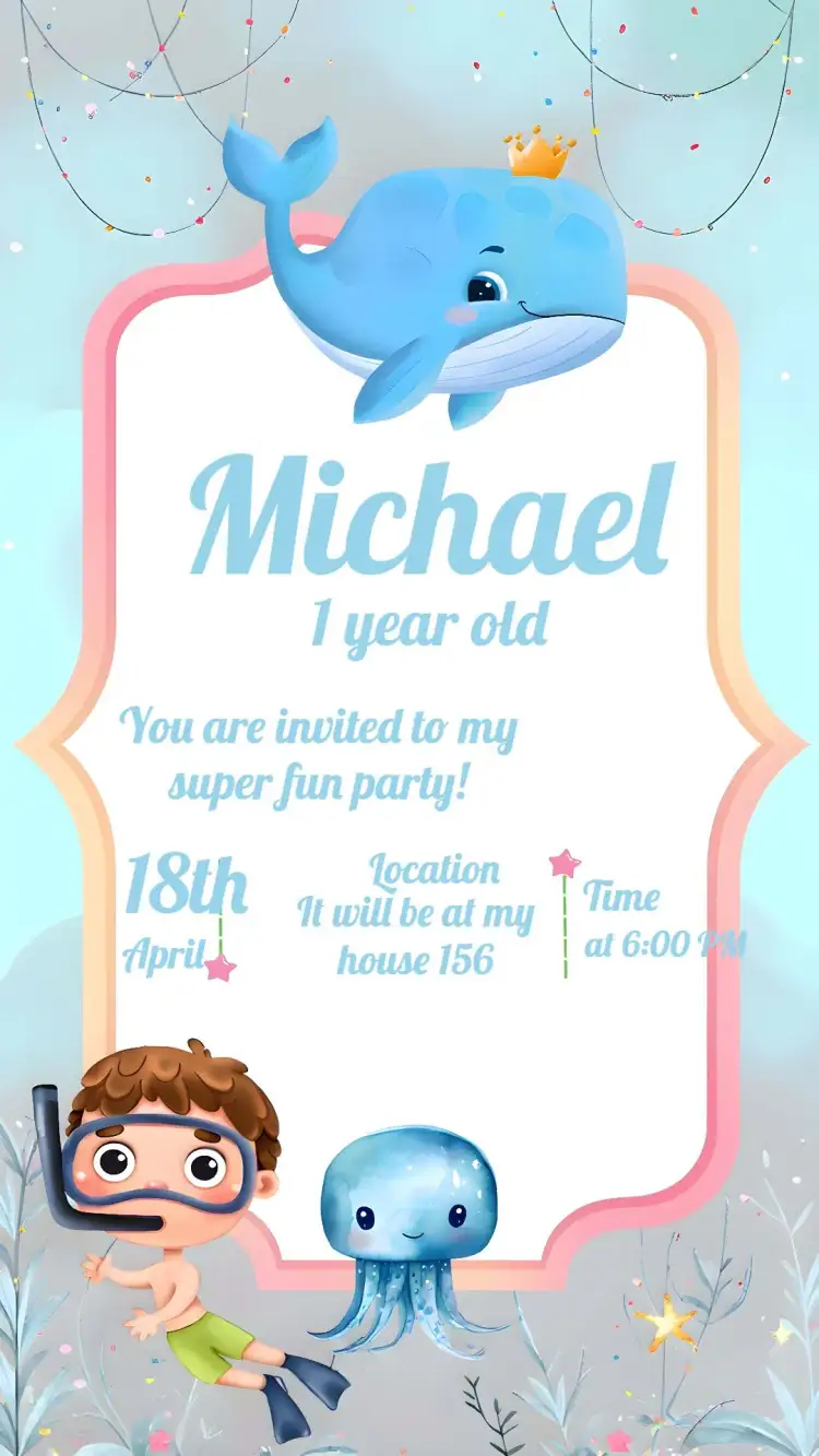 Invitation Blue Sea Background – Kids' Birthday Party theme navy, watercolor, children's, blue, delicate, themed