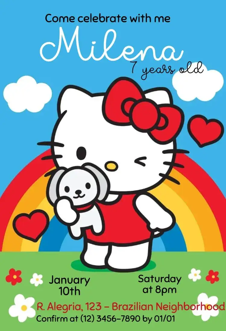 Invitation Hello Kitty Rainbow – Kids' Birthday Party theme colorful, playful, childlike, cute, fun