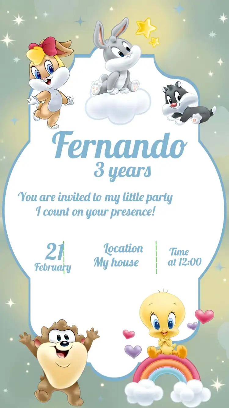 Invitation Looney Tunes Baby Infantil – Most searched for theme blue and white, cartoon theme, fun style, playful graphic elements, childish design, modernity