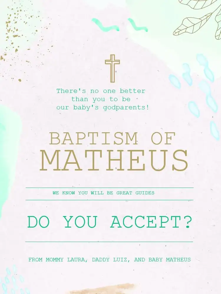 Invitation For Light Green Baptism Godparents – Diaper Shower theme light green, golden, religious, delicate, minimalist, childish