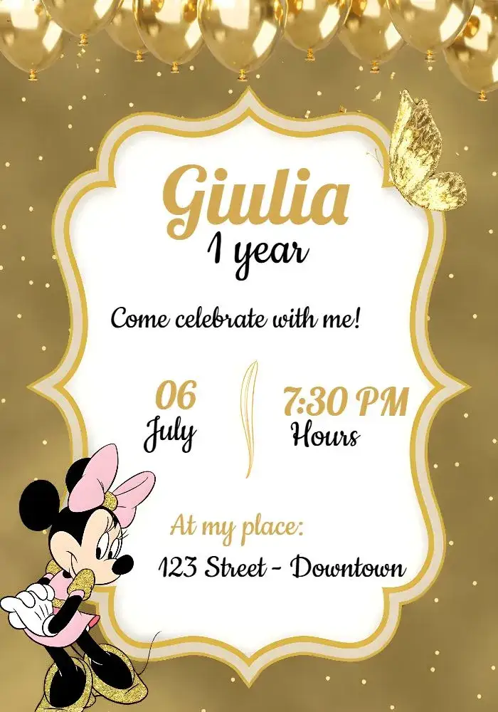 Invitation Minnie Mouse Party – Commemorative Dates theme red and black, polka dots, delicate bow, Disney style, children's party, luxury and delicacy