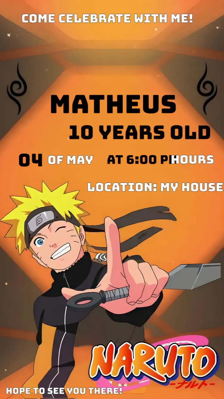 Invitation Naruto Boy – Kids' Birthday Party theme orange, black, modern, anime, adventure