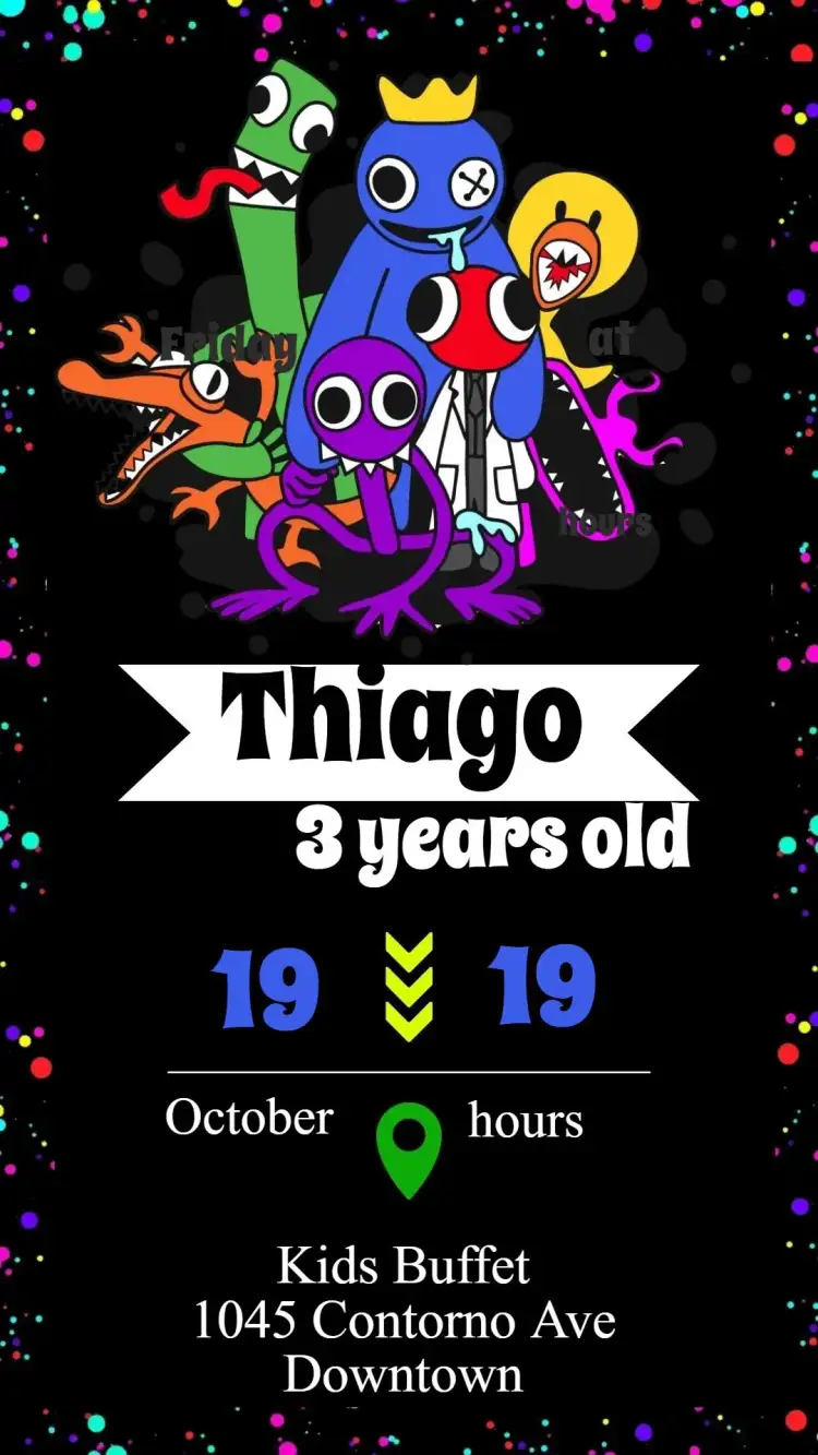 Invitation Rainbow Friends – Birthday theme colorful, fun, childlike illustrations, playful style, rainbow theme