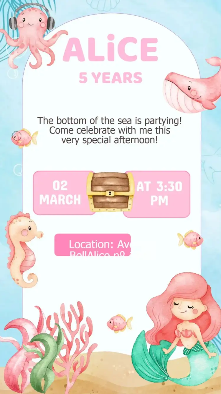 Under the Sea Watercolor Pink Birthday Invitation