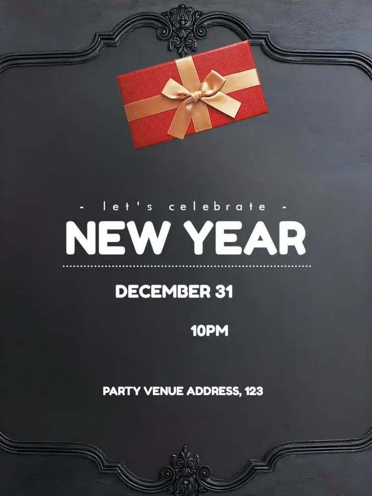 Invitation Golden New Year – Commemorative Dates theme golden, black, modern, elegant, minimalist