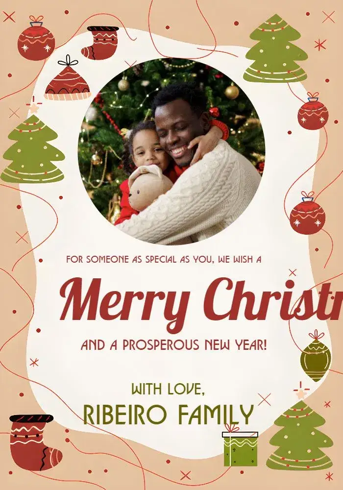 Invitation Christmas Card With Photo Gifts – Commemorative Dates theme vibrant red, elegant gold, festive green, Christmas style, snow graphic elements, inspired by traditional Christmas