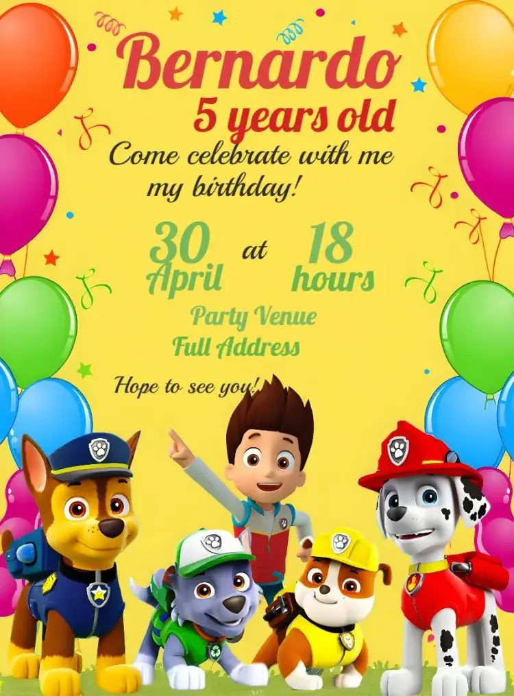 Invitation Colorful Paw Patrol – Kids' Birthday Party theme colorful, fun-filled, childish, themed, lively