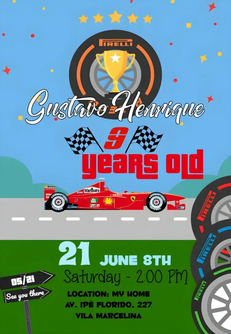 Invitation Formula 1 Party – Kids' Birthday Party theme colorful, modern, sporty, fun, dynamic, themed