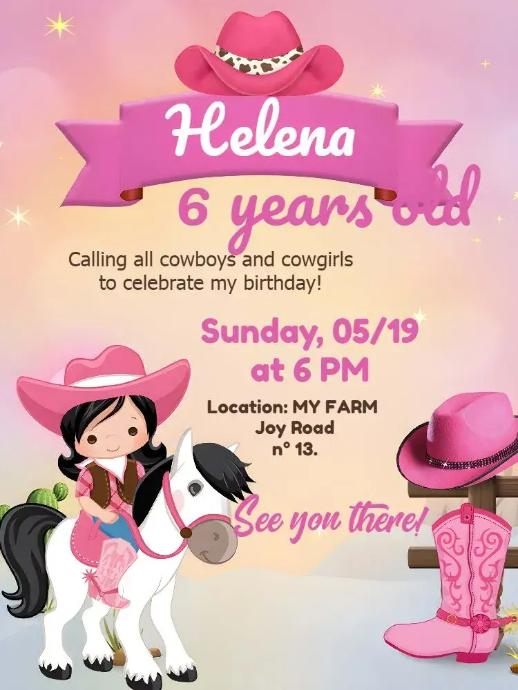 Invitation Cowgirl Hat – Most searched for theme farm, cowgirl, rural, colorful, childish, themed