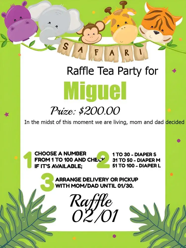 Invitation Tiger Safari Raffle Tea – Raffle Tea theme safari, animals, vibrant colors, jungle, tropical