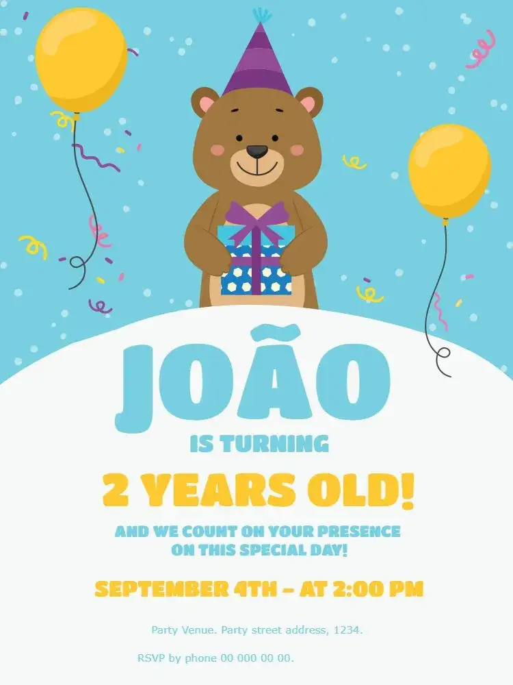 Invitation Baby Bear Confetti Boy – Kids' Birthday Party theme blue, fun, childish, colorful, cute, themed