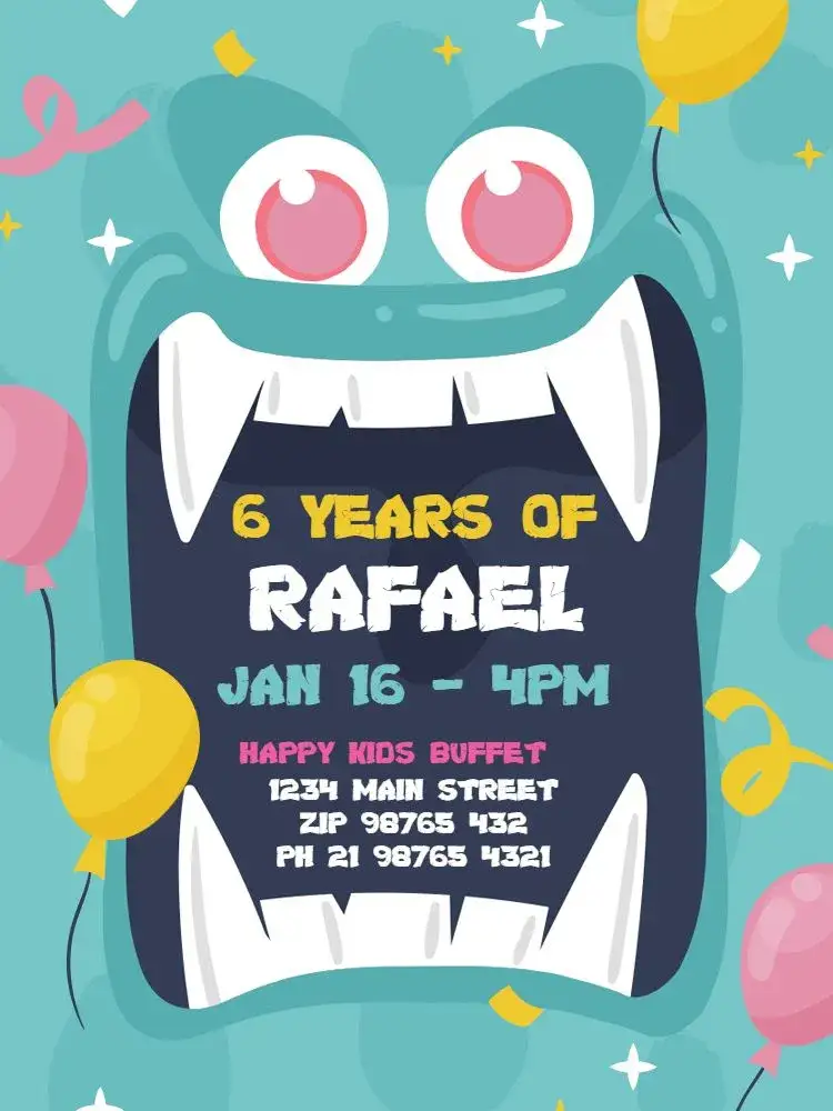 Invitation 6 Years Green Fun – Kids' Birthday Party theme fun, playful, colorful, childish, modern, monster theme