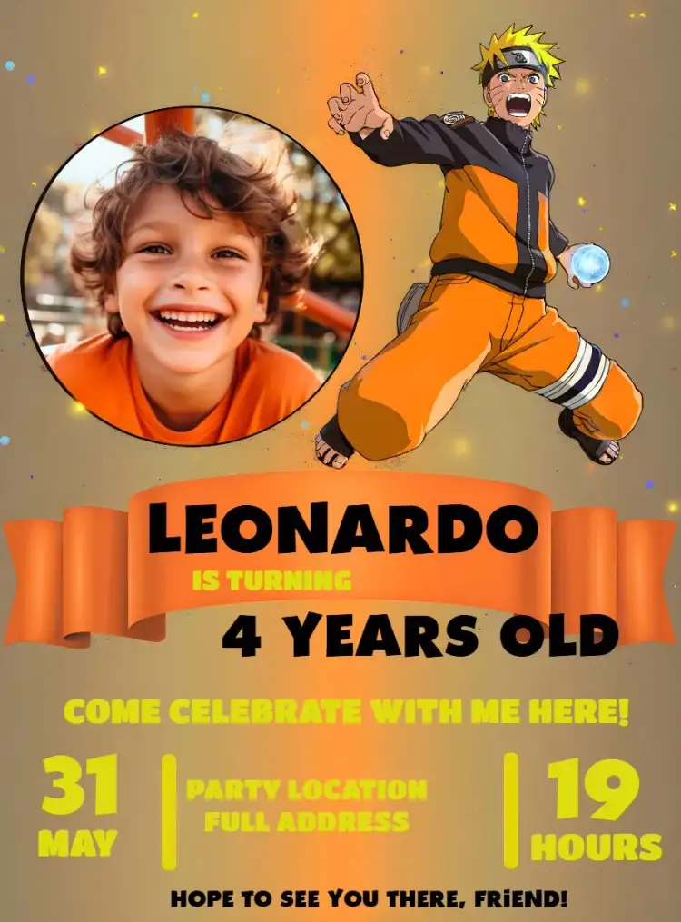 Invitation Naruto With Photo Uzumaki – Kids' Birthday Party theme ninja theme, vibrant colors, anime graphic elements, modern design, Naruto universe illustrations, fun style