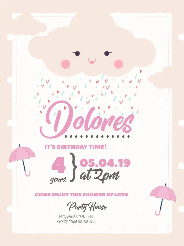 Invitation Rain of Love Polka Dots – Diaper Shower theme delicate, childish, pink, clouds, hearts, dots
