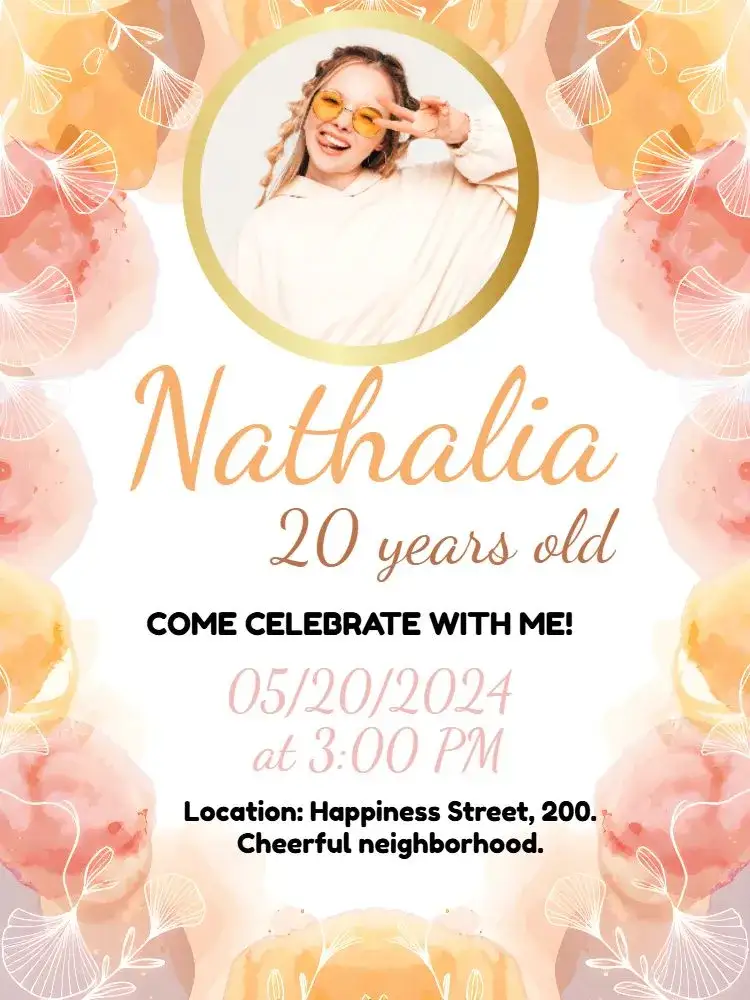 Invitation Minimalist Leaves With Photo Disco – Birthday theme minimalist, golden, modern, dried leaves, vibrant, disco