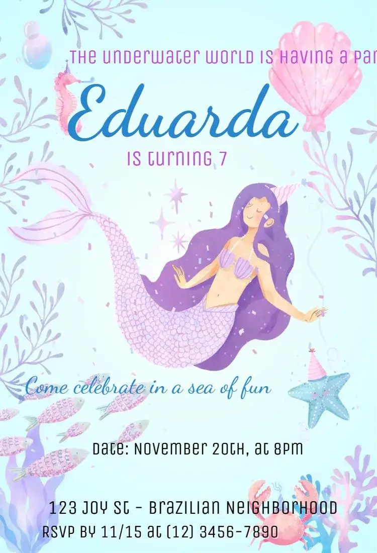 Invitation Mermaid – Kids' Birthday Party theme navy, colorful, playful, fantasy, aquatic, tropical