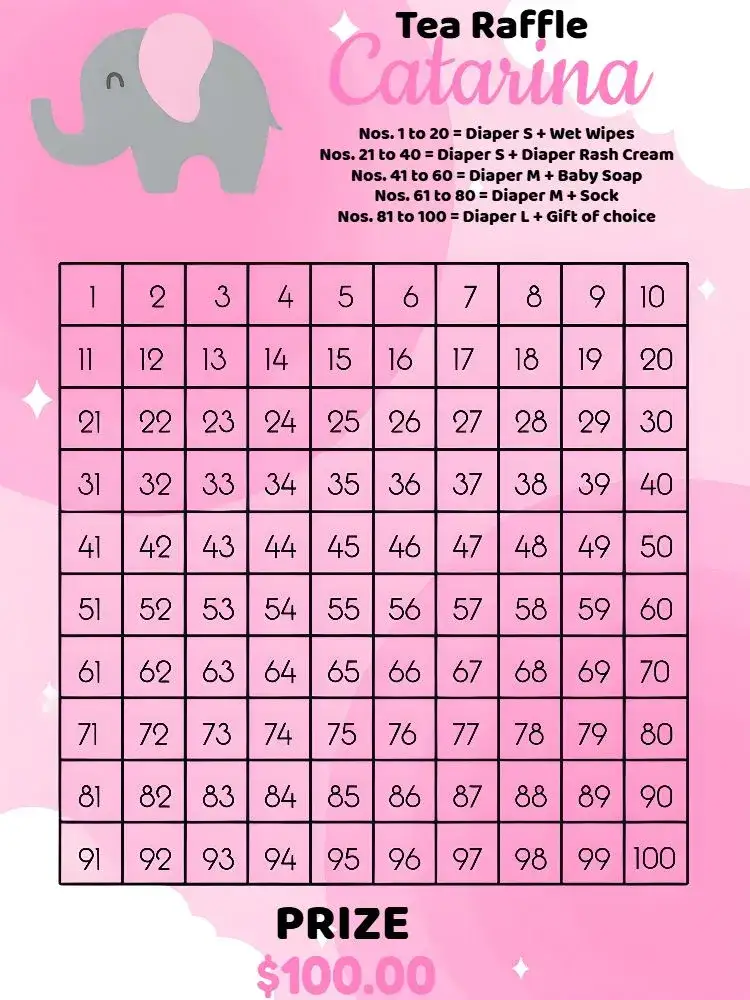 Invitation Elephant Baby Shower Diaper Raffle Tea – Diaper Shower theme pastel colors, animal illustrations, childish design, fun style, hints of pink and blue, cute graphic elements