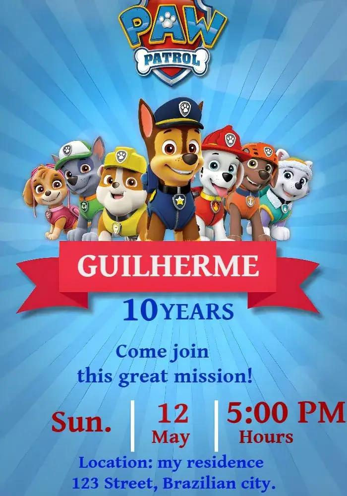 Invitation Red Paw Patrol – Kids' Birthday Party theme red, blue, children's theme, fun, colorful, modern