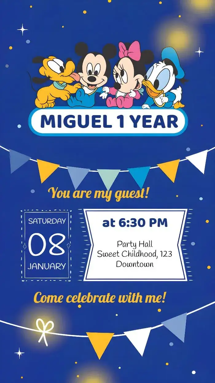 Invitation Mickey Mouse Baby Donald Class – Kids' Birthday Party theme Disney, colorful, playful, fun, blue, childlike