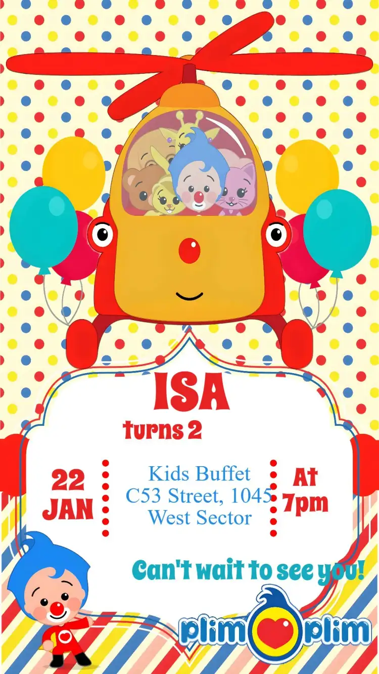 Invitation Plim Plim – Kids' Birthday Party theme colorful, fun, playful, feminine, modern
