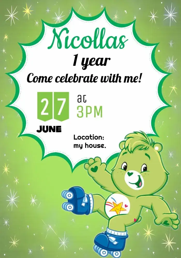Invitation Clumsy Care Bears Bumbling Bear – Kids' Birthday Party theme cuddly bears, green, black, fun, childish