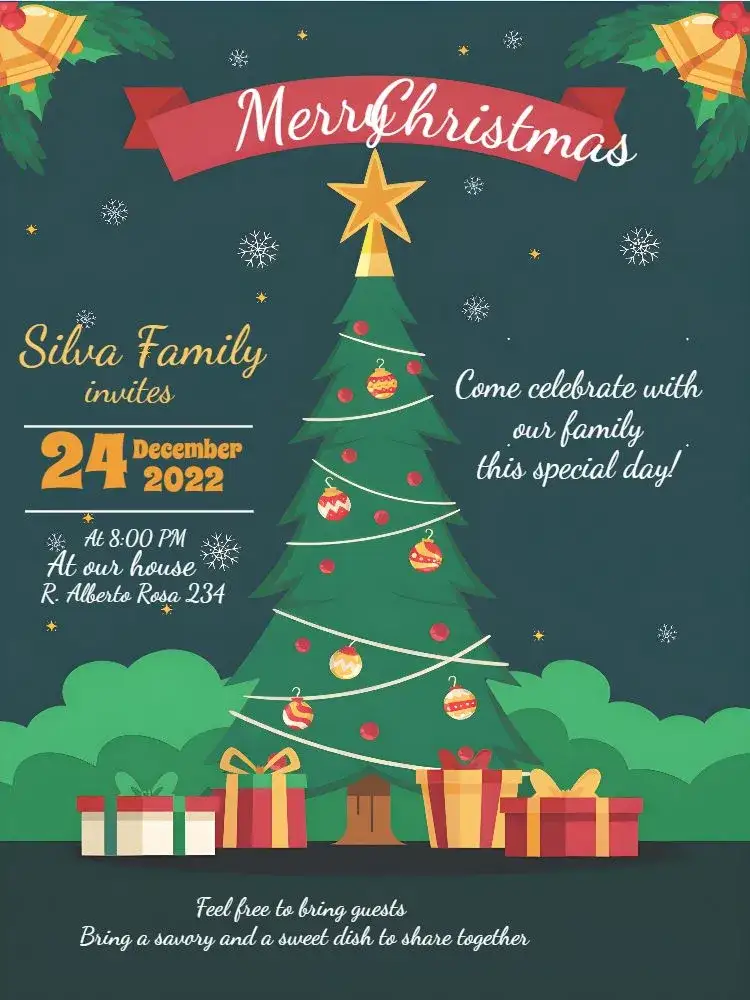 Invitation For Christmas Snow Dinner – Commemorative Dates theme blue, green, golden, red, snow, festive
