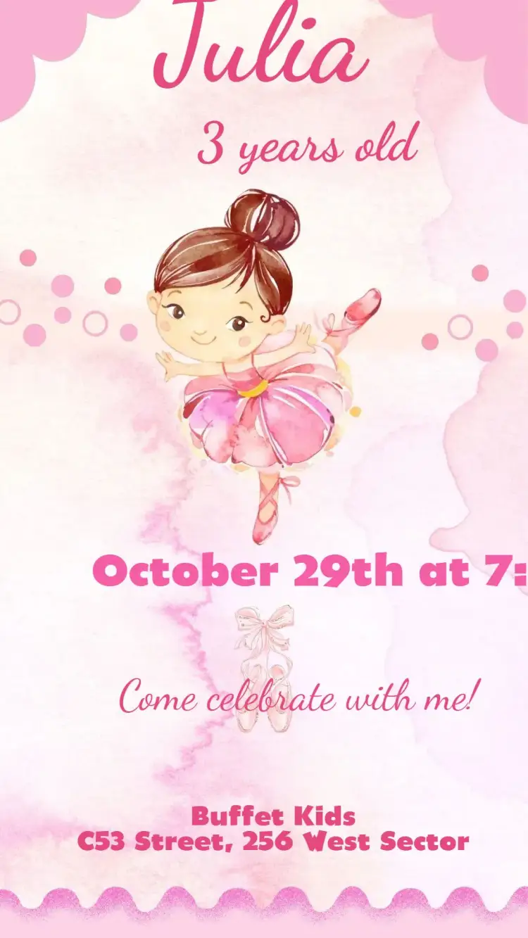 Invitation Ballerina – Kids' Birthday Party theme soft colors, ballet theme, delicate illustrations, dance elements, charming style, feminine touches