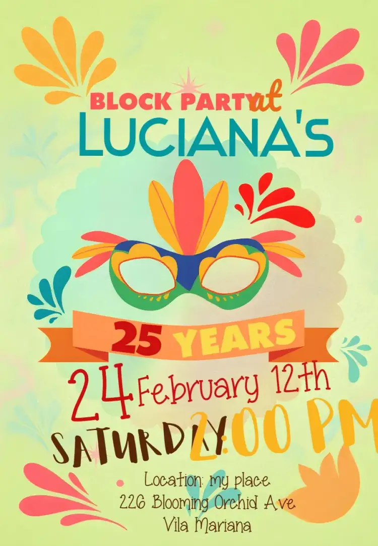 Invitation Carnival Trio Block Party – Commemorative Dates theme colorful, festive, tropical, carnival-themed, sparkle, fun
