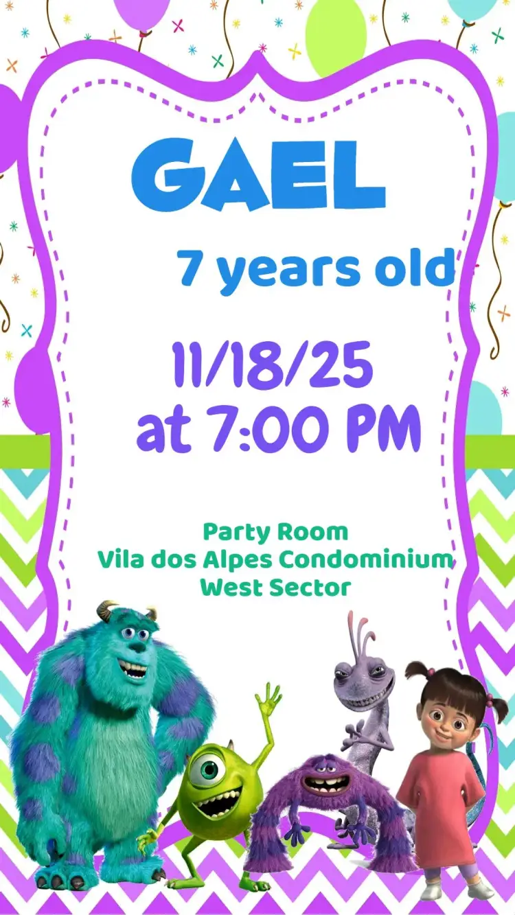Invitation Monsters Inc. – Kids' Birthday Party theme colorful, fun, playful, themed, childlike, lively