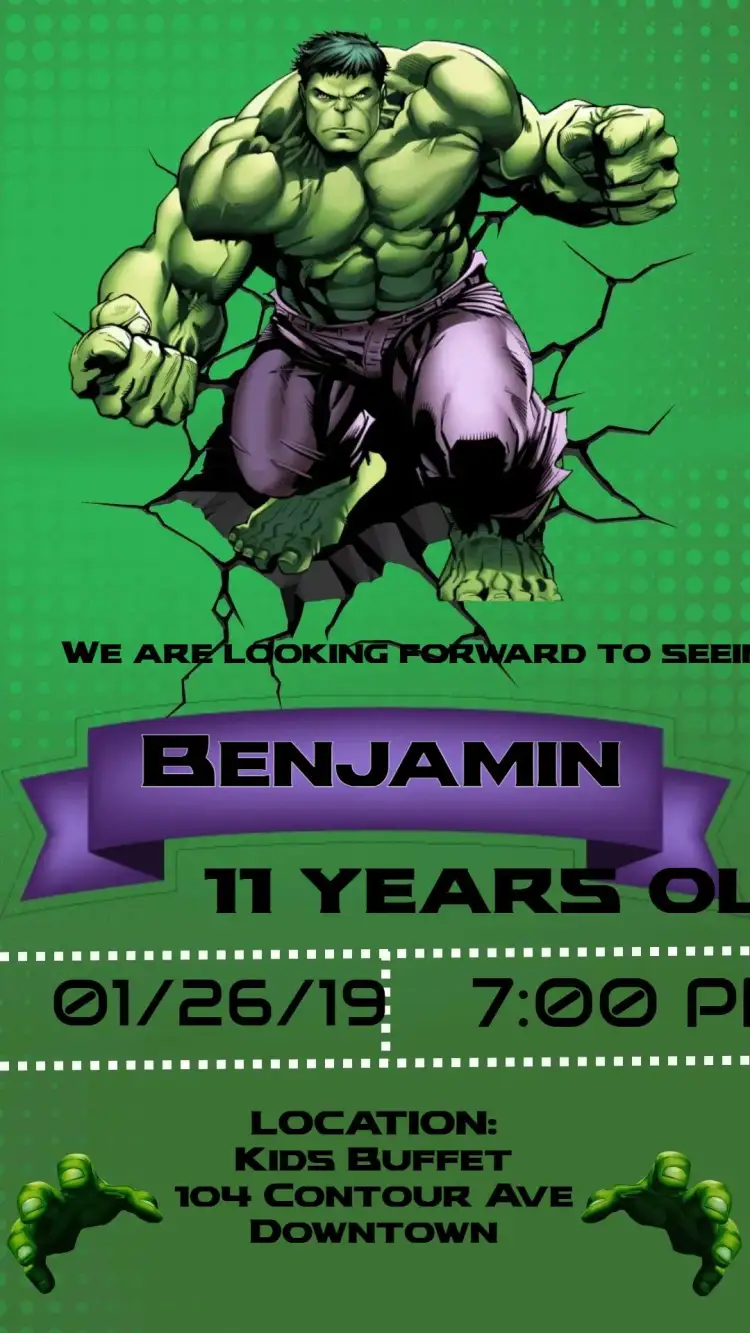 Invitation Hulk – Kids' Birthday Party theme colorful, adventurous, superheroes-themed, dynamic, fun, youthful