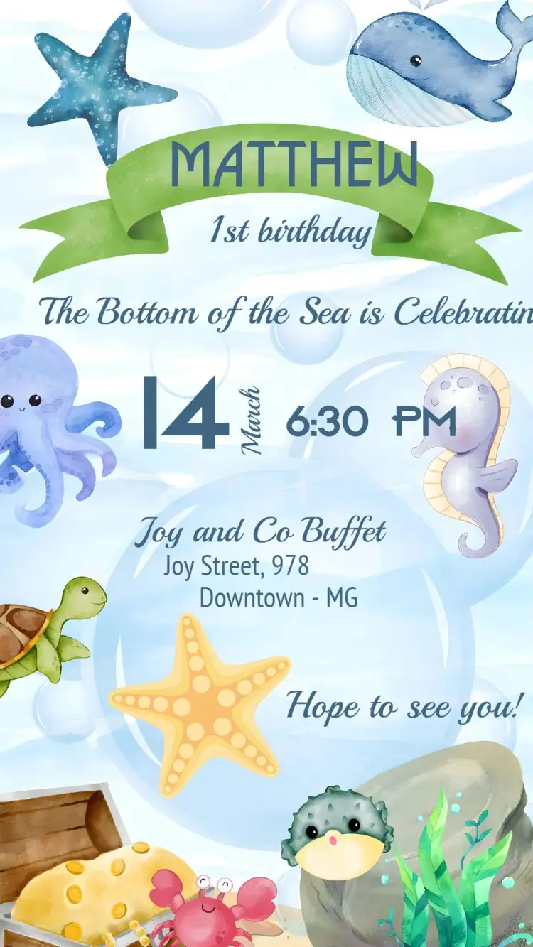 Invitation Under the Sea Whale – Kids' Birthday Party theme under the sea, colorful, fun, childish, marine