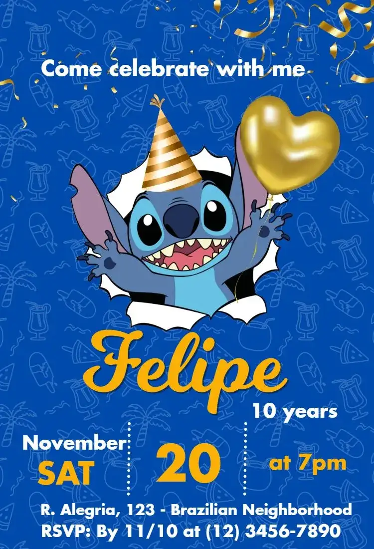 Invitation Blue and Gold Stitch – Kids' Birthday Party theme blue, golden, fun, themed, cartoon, childish