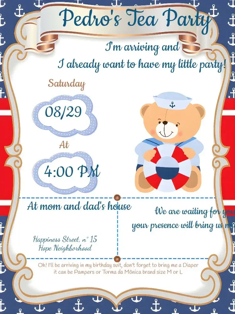 Golden Sailor Teddy Bear Baby Shower invitation