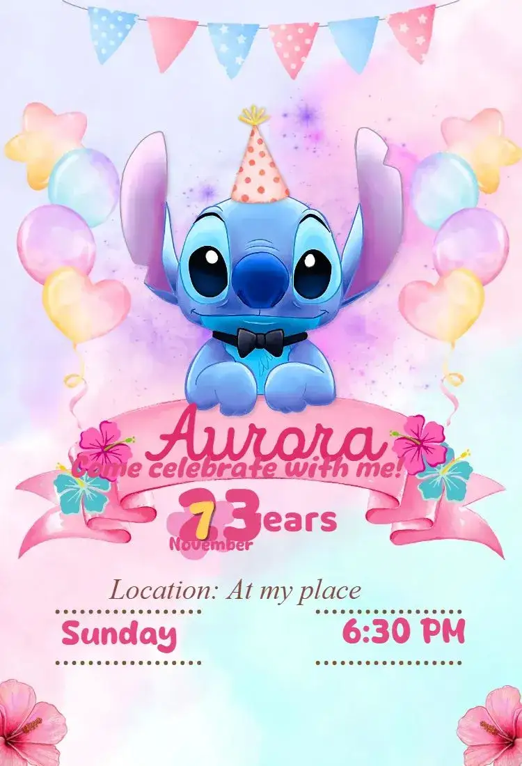 Invitation digital stitch invitation – Birthday theme kawaii, colorful, fun, modern, childish