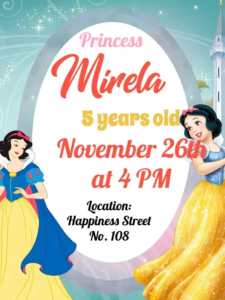 Invitation Snow White Princesses – Bridal Shower theme princesses, fairy tales, pastel colors, playful illustrations, childlike style, charming design