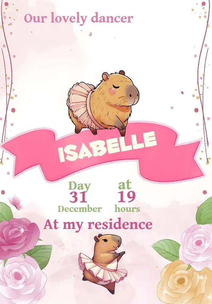 Invitation Pink Capybara Ballerina – Kids' Birthday Party theme pink, fun-filled, playful, nature-themed, childlike, colorful