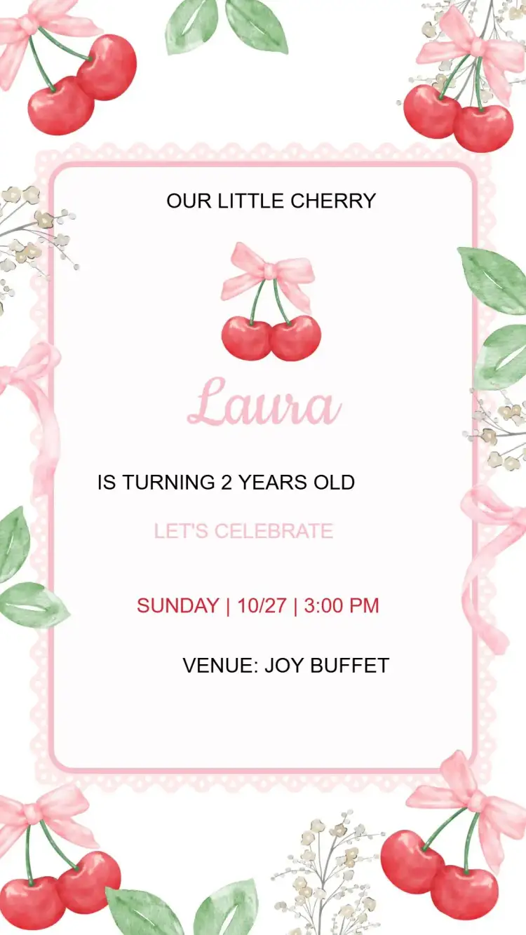 Invitation Cherry Birthday Invitation – Kids' Birthday Party theme colorful, fun, playful, fruity, modern