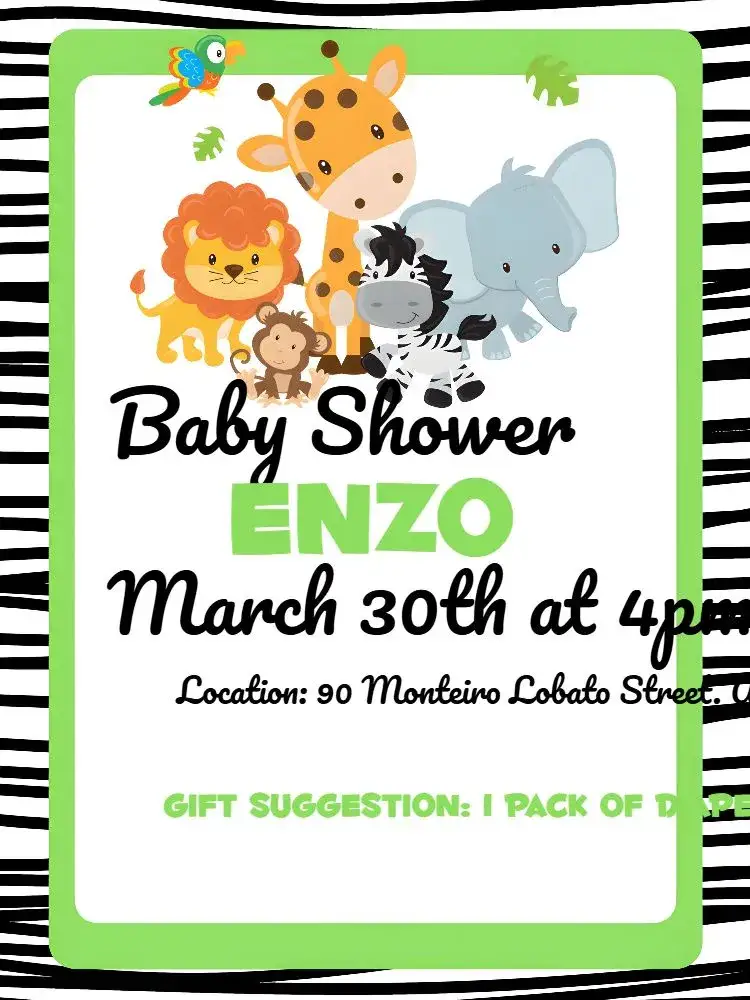 Invitation Safari White Diaper Shower – Bridal Shower theme safari, white, green, black, modern, fun