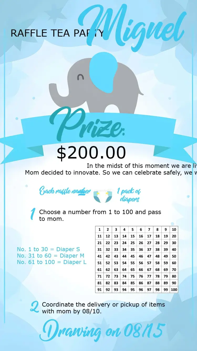 Elephant Blue Black Diaper Raffle Tea invitation