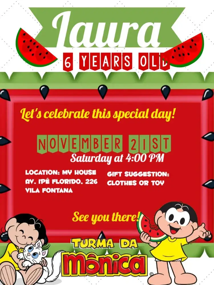 Invitation Turma Da Mônica Kids – Kids' Birthday Party theme colorful, childlike, fun, themed, lively, playful