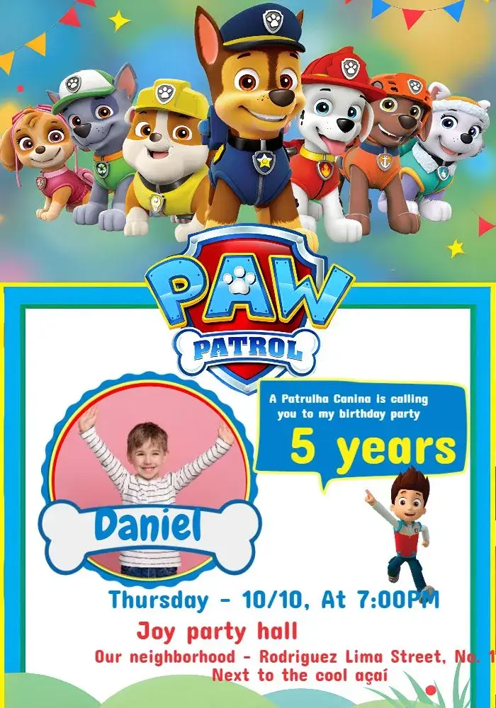 Paw Patrol Yellow Photo Invitation